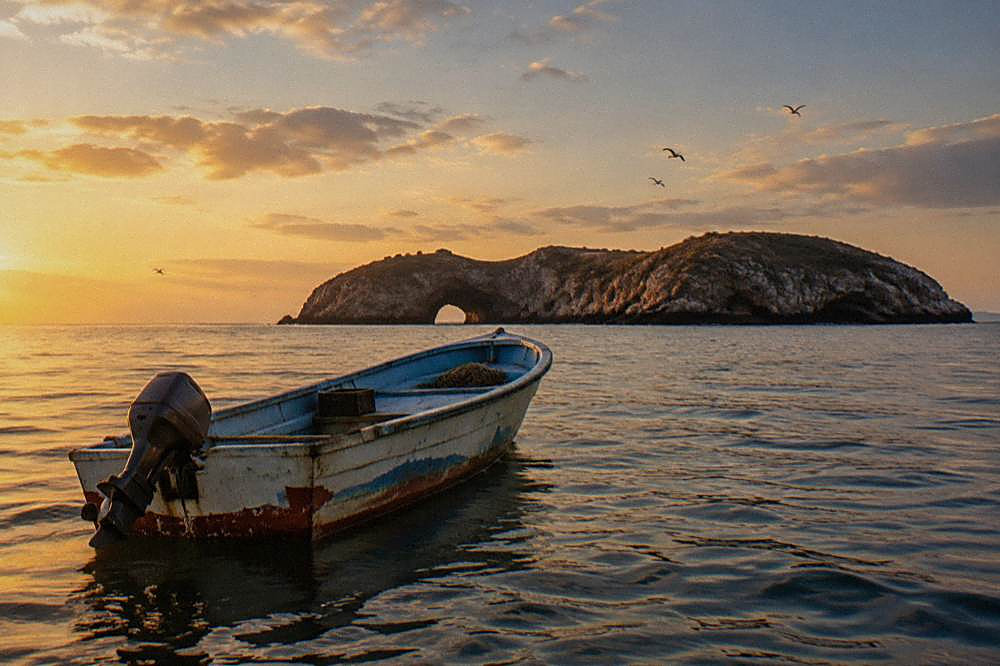 A small motorboat on calm water near a rocky island with a natural arch