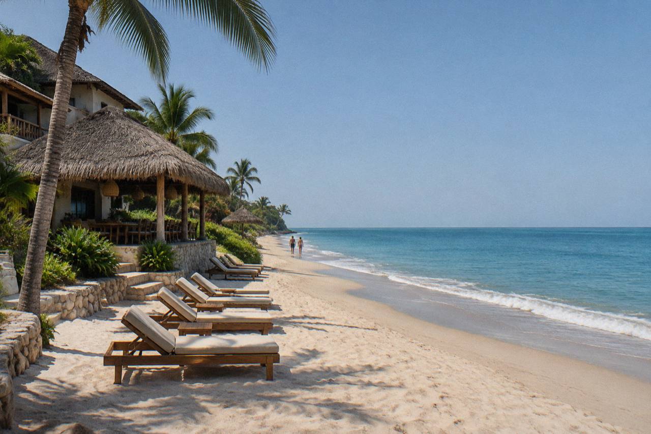 Beachfront hotel grounds with palm trees in Punta de Mita
